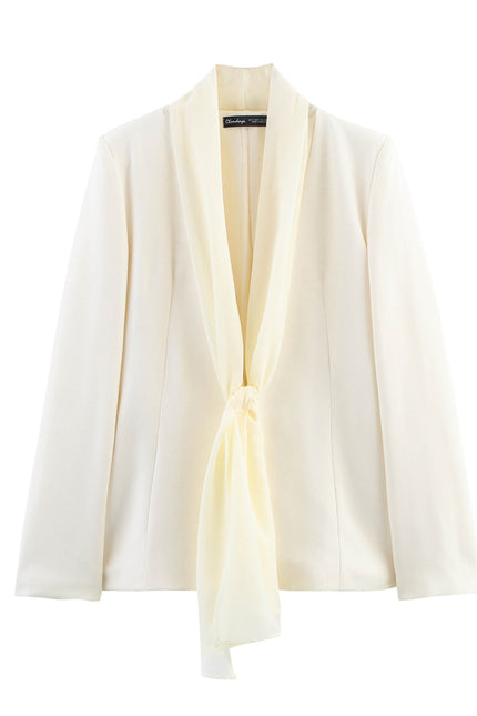 Beige Color Bow Tie Long Sleeve Casual Fashion Blazer Jacket for Women
