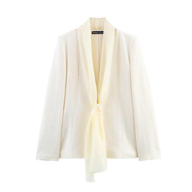 Beige Color Bow Tie Long Sleeve Casual Fashion Blazer Jacket for Women