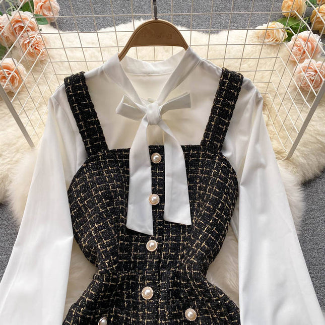 Roupas Outono Top de Manga Longa das mulheres Lace-up Branco Camisa Xadrez Retro Single-breasted Vestido Suspender Two-piece Set Vestido