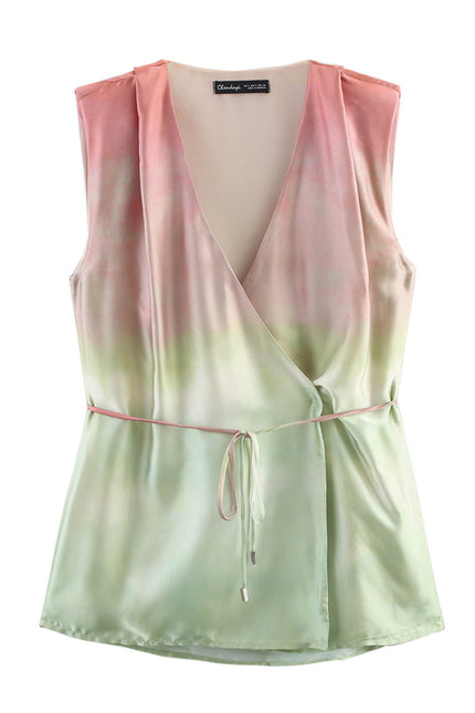 V Neck Green pink Color Sashes Hot Sale Casual Fashion Silky Tops Blouse for Women