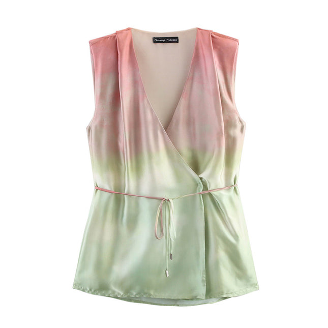 V Neck Green pink Color Sashes Hot Sale Casual Fashion Silky Tops Blouse for Women