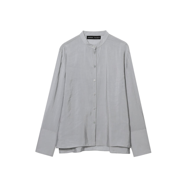 Crew Neck Buttons up Long Sleeve Gray Color Casual Fashion Tops Blouse for Women