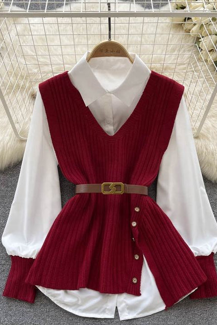 Two Piece Suit Green Sleeveless Knitted Vest White Long Sleeved Shirt Top Autumn Woman