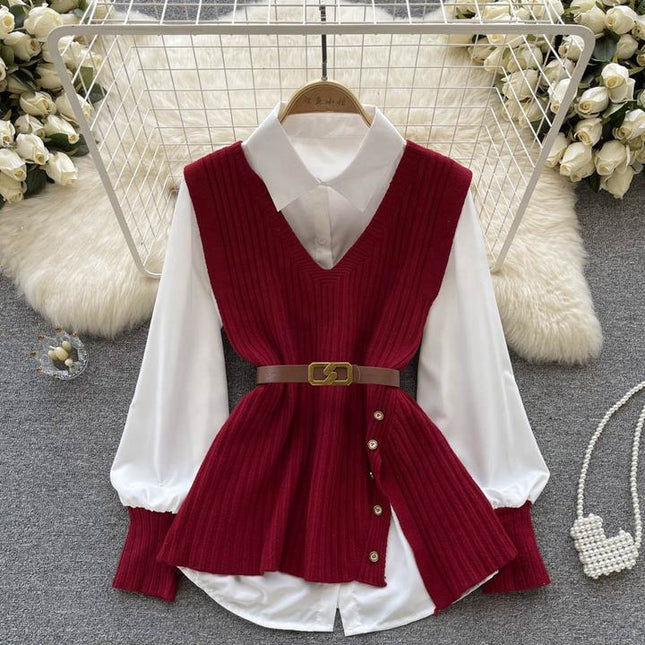 Two Piece Suit Green Sleeveless Knitted Vest White Long Sleeved Shirt Top Autumn Woman