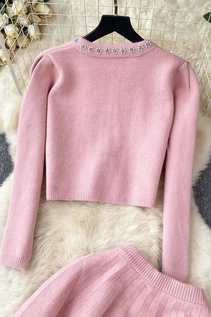 New Women Knit Two Piece Sets Short Sweater Cardigan Skirt Set Elegant Office Party Two Pieces