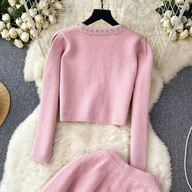 New Women Knit Two Piece Sets Short Sweater Cardigan Skirt Set Elegant Office Party Two Pieces