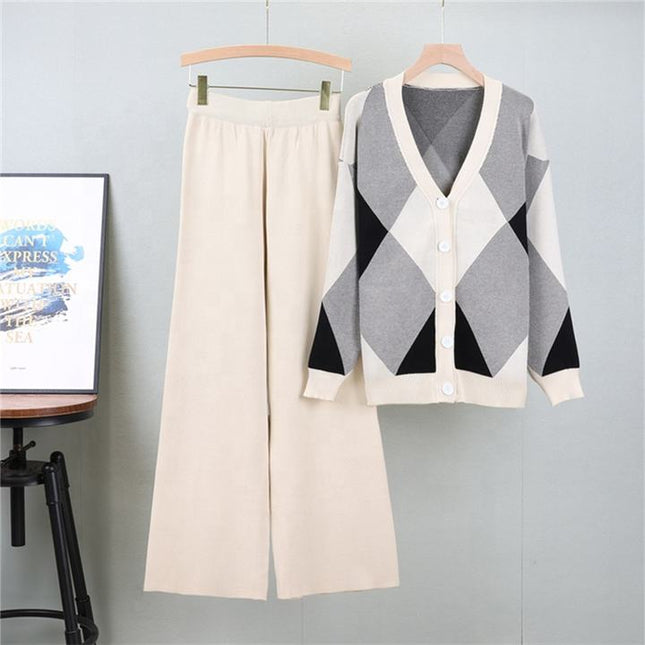 Autumn Fashion Loose Casual Knitted Cardigan Set Wide Leg Trousers and Knitted Cardigan Two-piece Set Female