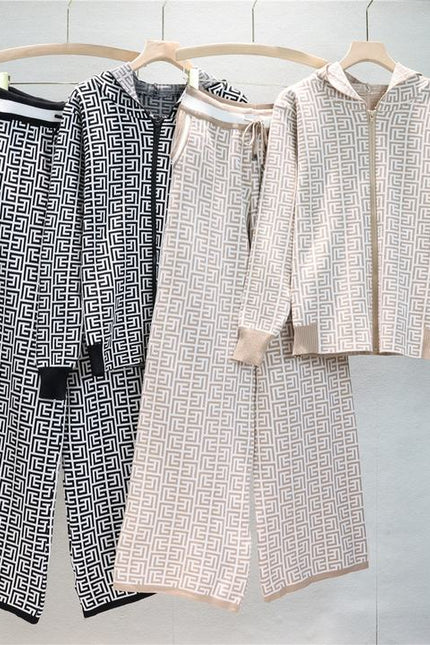 Women'S Fall Winter Knitted Sweater Clothing Hoodie Coat Wide-Legged Pants Two-Piece Set