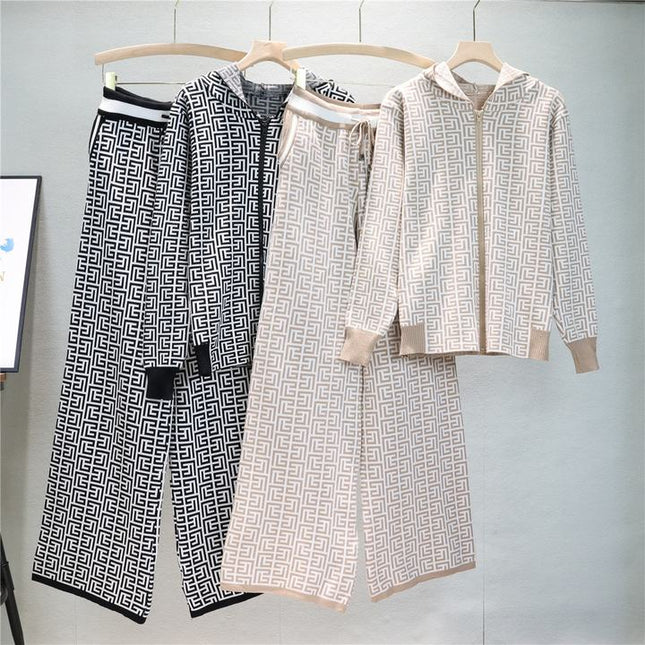 Women'S Fall Winter Knitted Sweater Clothing Hoodie Coat Wide-Legged Pants Two-Piece Set