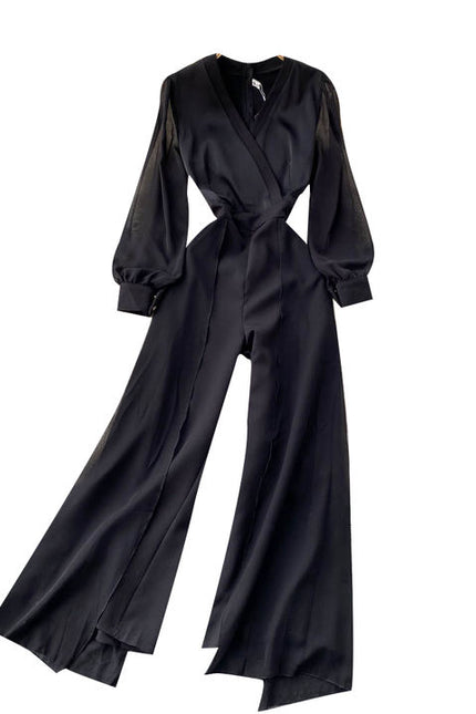 Women's Temperament V-neck High-end Jumpsuit High Waisted and Slim Mesh Patchwork Jumpsuit