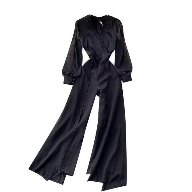 Women's Temperament V-neck High-end Jumpsuit High Waisted and Slim Mesh Patchwork Jumpsuit