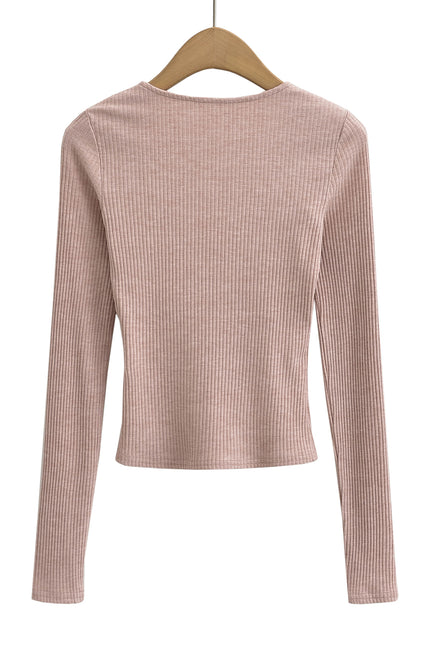 5 Colorway Front Lace up Long Sleeve Solid Color Knitted Casual Fashion Women t Shirt