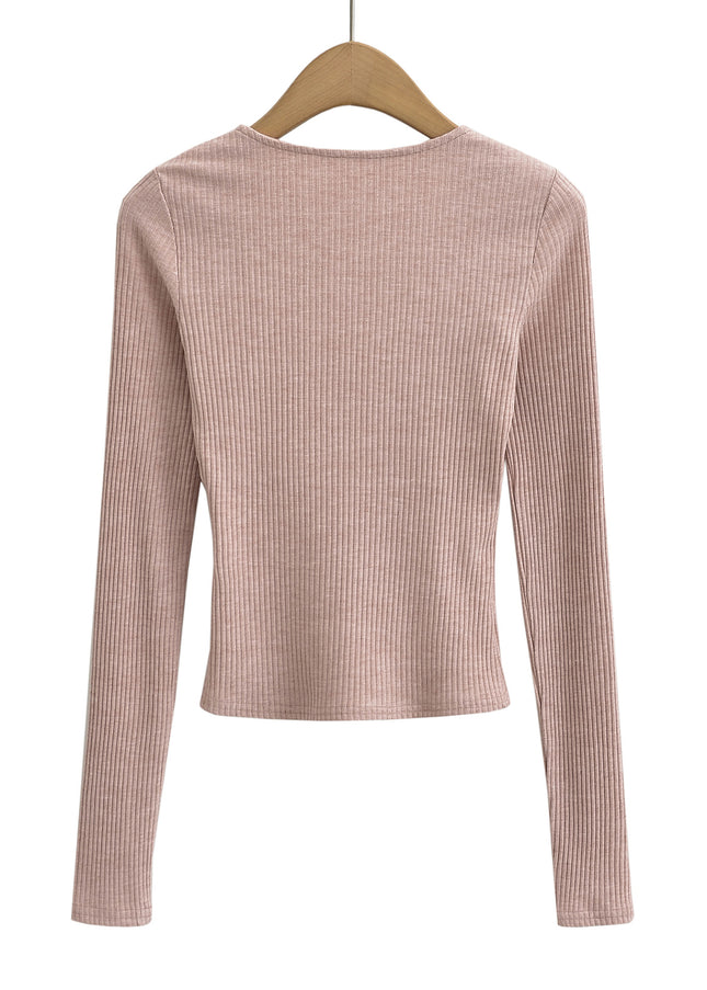 5 Colorway Front Lace up Long Sleeve Solid Color Knitted Casual Fashion Women t Shirt