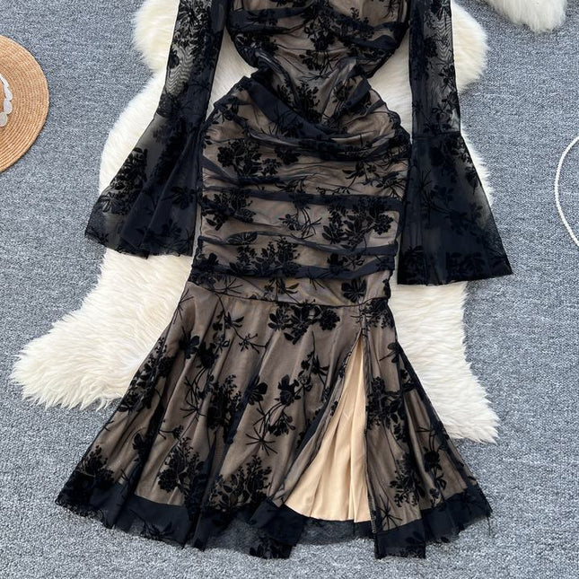 French Vintage Elegant Dresses Women Premium Pleated Slim Split Lace Ruffle Long Dresses