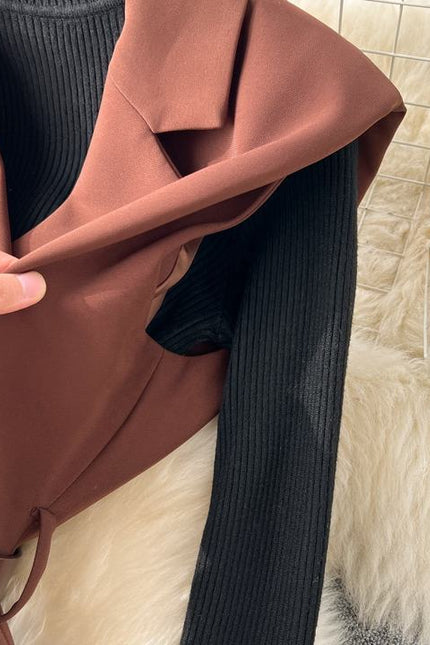 Set Women'S Knitted Bottom Shirt Vintage Double-Breasted Suit Dress Two Piece Set