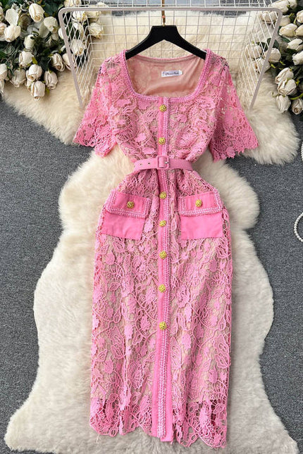2025 Spring Summer Dress High Quality Women Allover Crochet Lace Embroidery Beading Button Bodycon Dress
