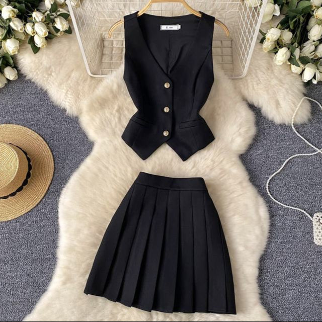 French Suit Vest High Waisted Pleated Two Piece Skirt Set