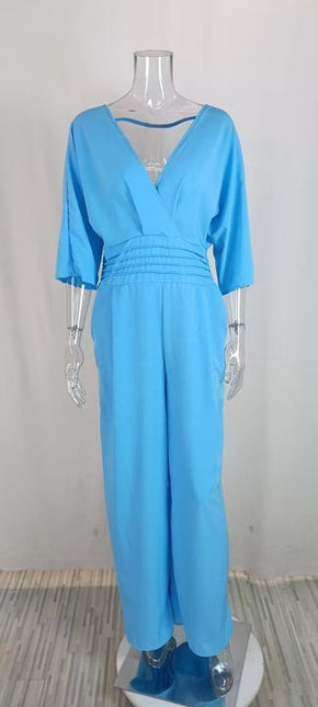 Summer Fall Long Sleeve Wide Leg Elegant V Neck Playsuit Jumpsuit Wholesale Women