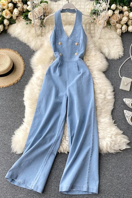 Vintage Wide Leg Women'S Suspenders Sleeveless Denim Jumpsuit