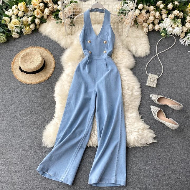 Vintage Wide Leg Women'S Suspenders Sleeveless Denim Jumpsuit