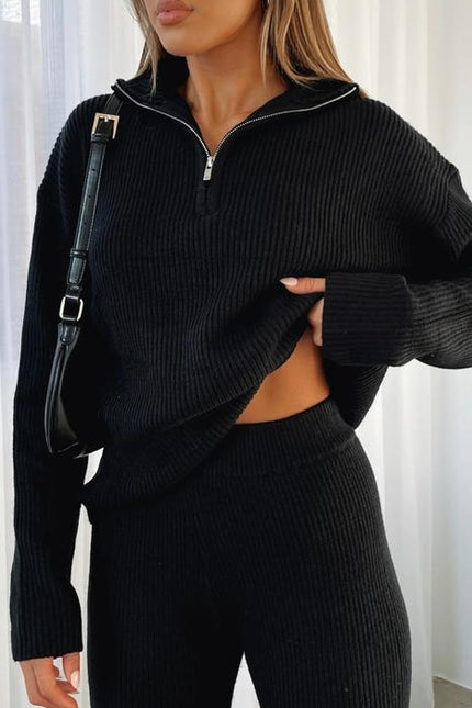 PASUXI New Fashion Designer Two Piece Sets Long Sleeve Zipper and Straight Leg Pants Knitted Set Clothes for Women
