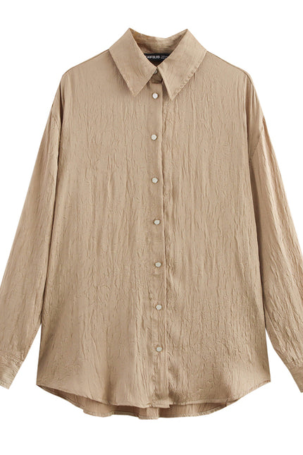 Turn Down Collar Long Sleeve Khaki Color Buttons up Casual Fashion Tops Blouse for Women