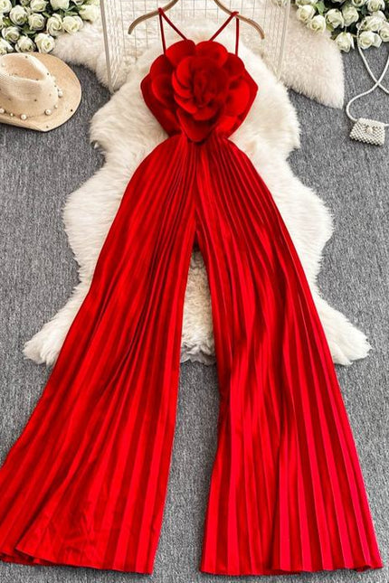 Beach Vacation Super fairy Three-dimensional Flower Jumpsuit Women's Summer High Waist Slimming Halter Pleated Wide Leg Pants