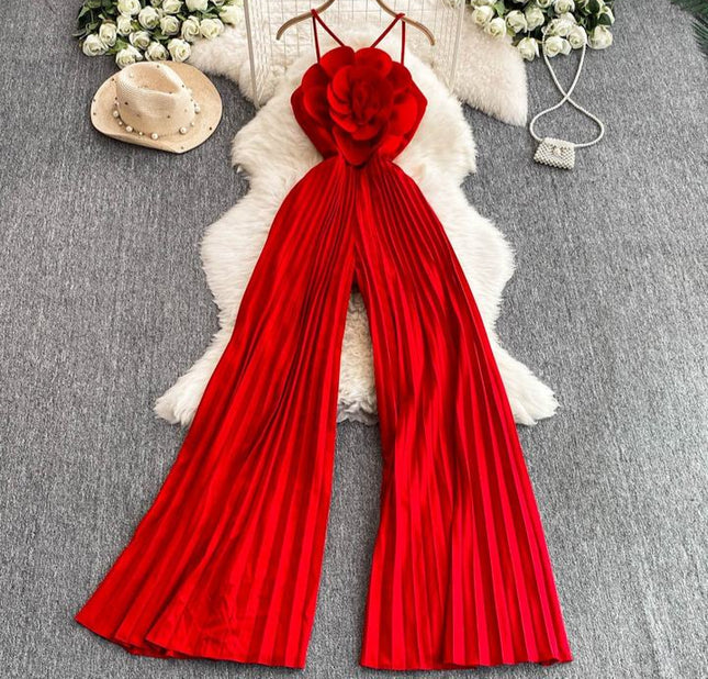 Beach Vacation Super fairy Three-dimensional Flower Jumpsuit Women's Summer High Waist Slimming Halter Pleated Wide Leg Pants