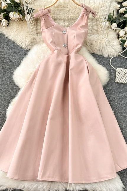 New Arrival Hepburn Fashion Trendy Bow Diamond V-neck Vestidos Women Elegant Summer Casual Dresses