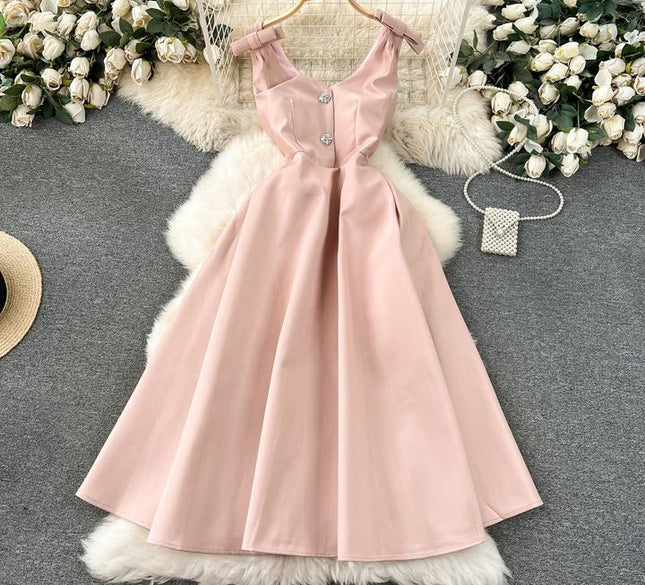 New Arrival Hepburn Fashion Trendy Bow Diamond V-neck Vestidos Women Elegant Summer Casual Dresses