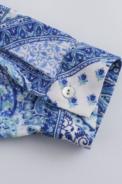 Floral Print Turn Down Collar Long Sleeve Buttons up Blue Color Casual Fashion Blouse Tops for Women