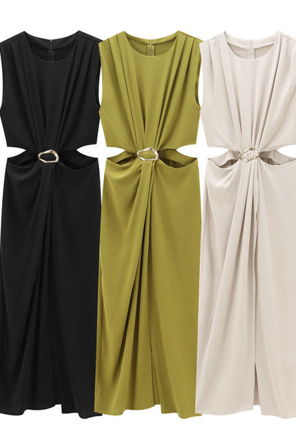 3 Colorway Crew Neck Front Buckle Waist Hollow Out Solid Color Casual Fashion Maxi Dress for Women