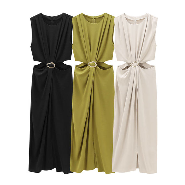 3 Colorway Crew Neck Front Buckle Waist Hollow Out Solid Color Casual Fashion Maxi Dress for Women