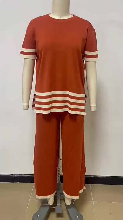 Summer Contrast Stripe Split Short Sleeve Knitwear High Waist Slim Pants Women's Set