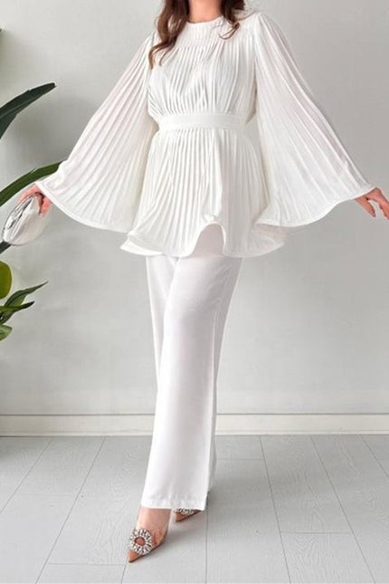 Hot Sale Women'S Suit New Fashion Tie Pleated Loose Top Wide Leg Trousers Two 2 Piece Pants Set Women Clothing