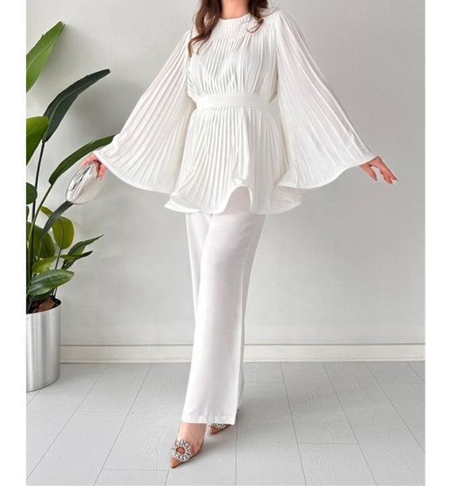 Hot Sale Women'S Suit New Fashion Tie Pleated Loose Top Wide Leg Trousers Two 2 Piece Pants Set Women Clothing