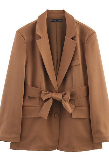 Brown Color Long Sleeve Notched Collar Sashes Casual Fashion blazer Jacket for Women