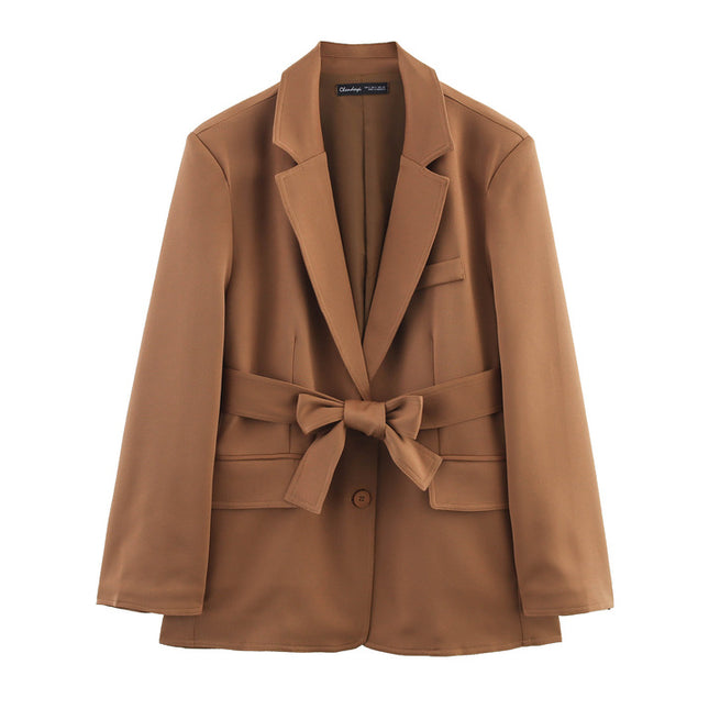 Brown Color Long Sleeve Notched Collar Sashes Casual Fashion blazer Jacket for Women