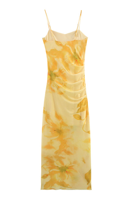 Spaghetti Strap Yellow Color Floral Print Casual Fashion Long slip Dress for Women