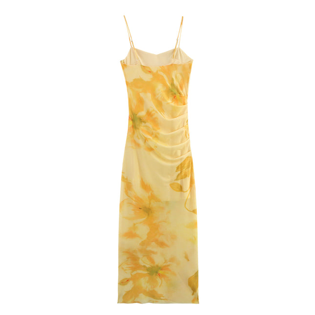 Spaghetti Strap Yellow Color Floral Print Casual Fashion Long slip Dress for Women