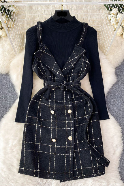 Women a Line Tweed Straps Dress Two-piece Bottoming Sweater Female Knitted Dress Set