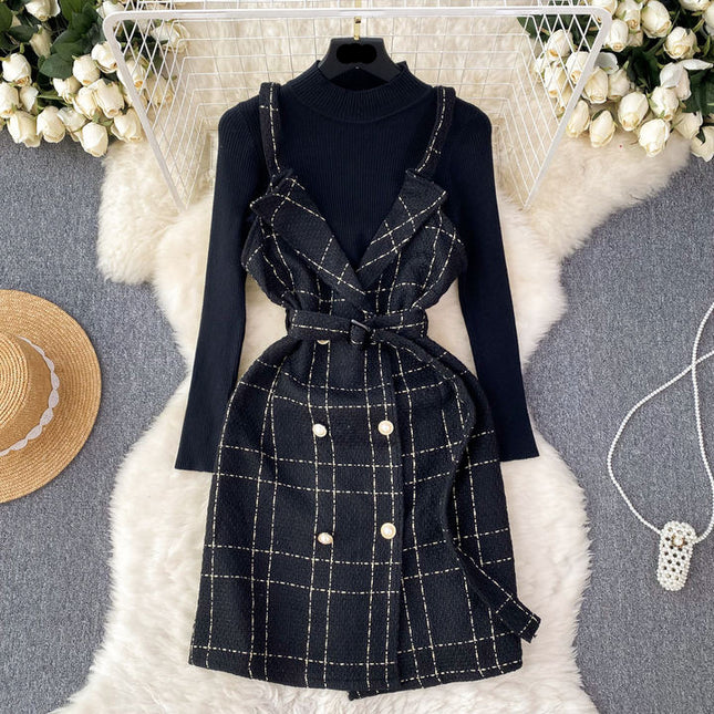 Women a Line Tweed Straps Dress Two-piece Bottoming Sweater Female Knitted Dress Set