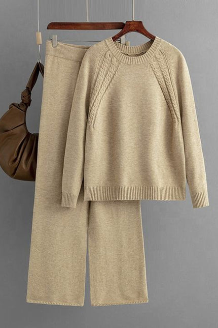 Autumn and Winter New Knitted Suits Solid Color Round Neck Sweater + Loose Wide Leg Pants One Size Two-piece Set