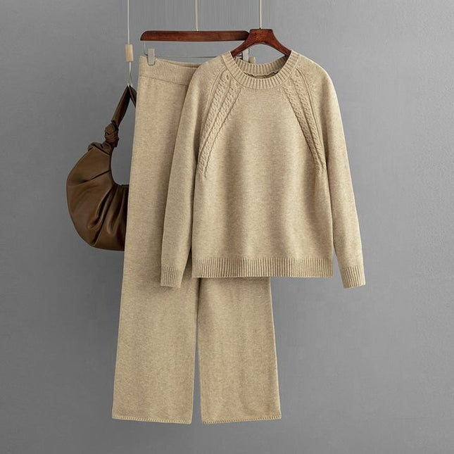 Autumn and Winter New Knitted Suits Solid Color Round Neck Sweater + Loose Wide Leg Pants One Size Two-piece Set
