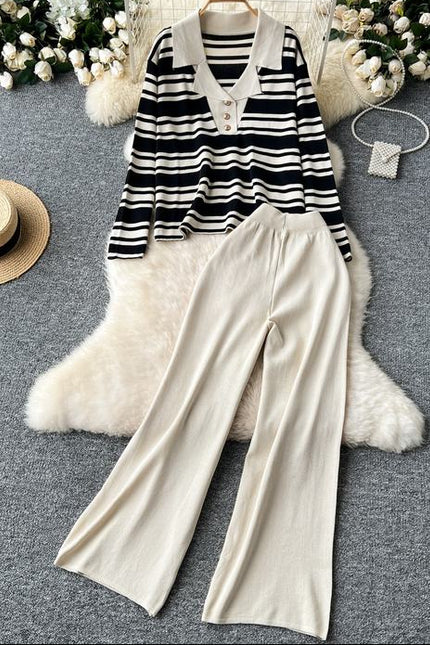 Autumn Winter New Korean Hit Color Striped Knit Sweater Top Two-Piece Trouser Set