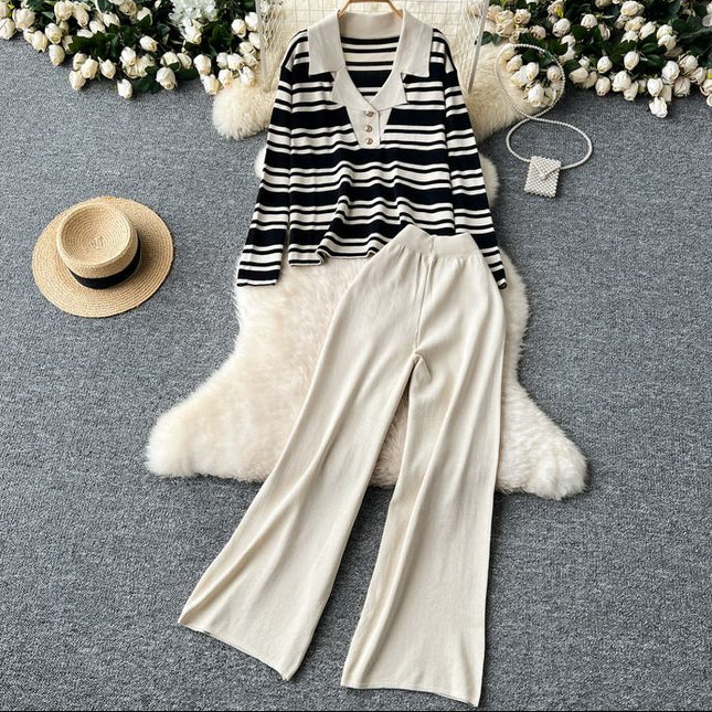 Autumn Winter New Korean Hit Color Striped Knit Sweater Top Two-Piece Trouser Set