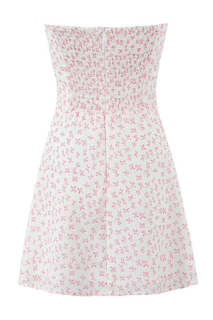 Floral Print pink Color Front Lace up Strapless Casual Fashion Summer Mini Dress for Women