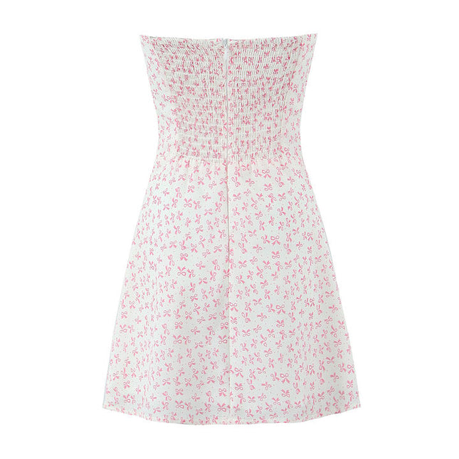 Floral Print pink Color Front Lace up Strapless Casual Fashion Summer Mini Dress for Women