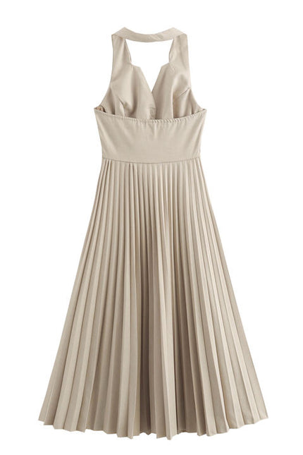 Back Hollow Out Solid Color Buttons up Sleeveless Casual Fashion Midi Pleated Dress for Women