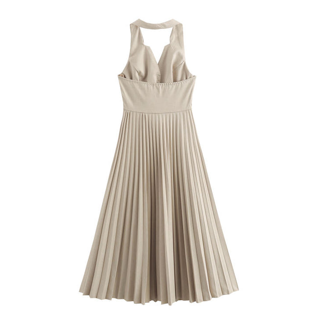 Back Hollow Out Solid Color Buttons up Sleeveless Casual Fashion Midi Pleated Dress for Women
